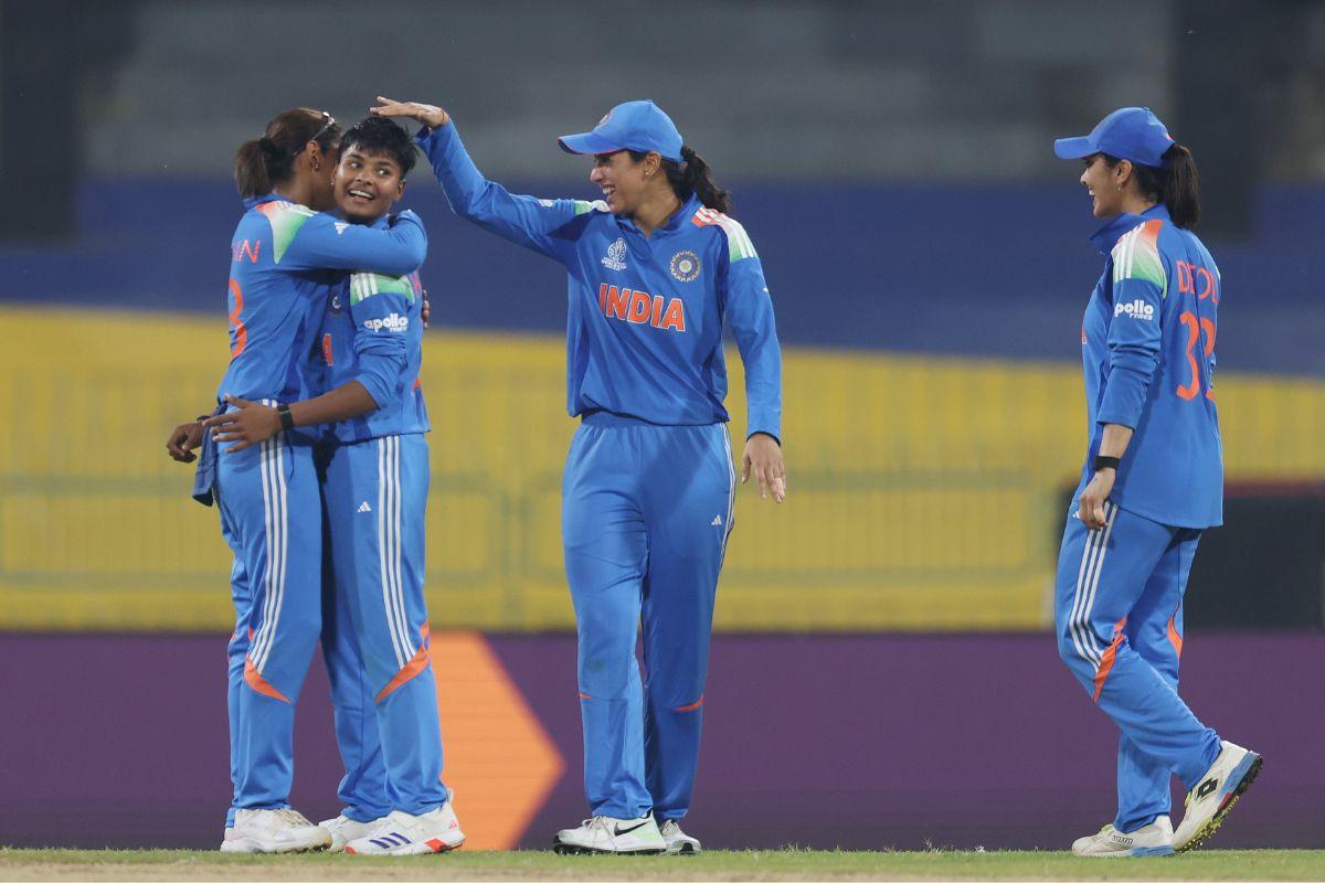 India's Kranti Goud celebrates with teammates after taking the wicket of Pakistan's Aliya Riyaz, in Colombo on Sunday