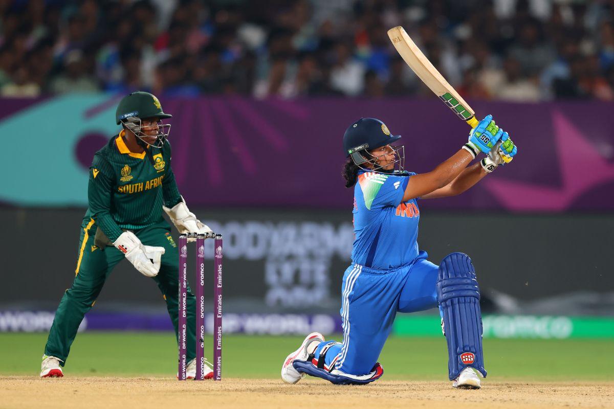 Richa Ghosh hits a six en route a counter-attacking 94 off 77 balls in the ICC Women's World Cup match against South Africa in Visakhapatnam on Thursday