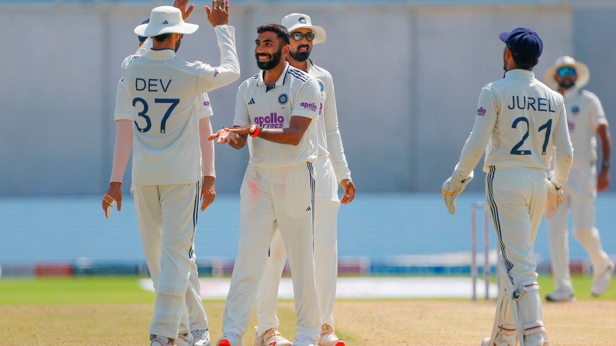 Jasprit Bumrah celebrates the wicket of Khary Pierre