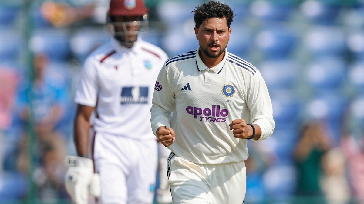 Kuldeep Yadav of India celebrates the wicket of Tevin Imlach 