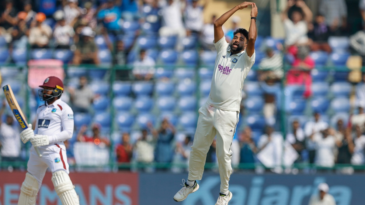 Mohammed Siraj celebrates the wicket of Jomel Warrican. 