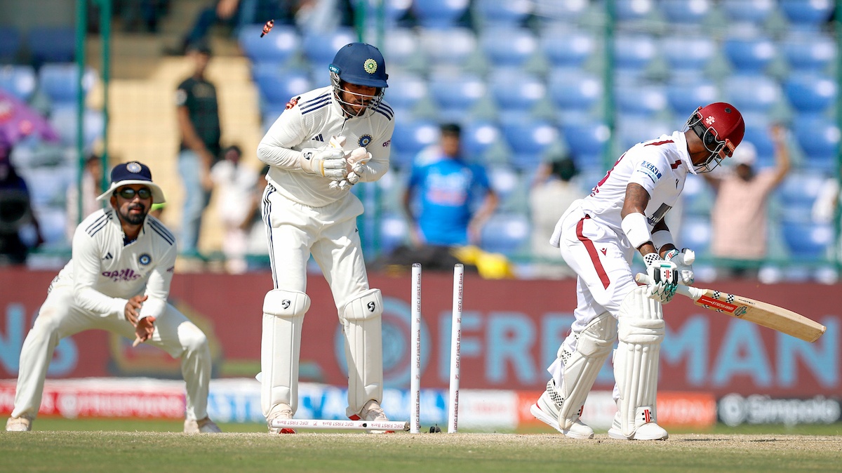 Alick Athanaze is bowled by Washington Sundar 