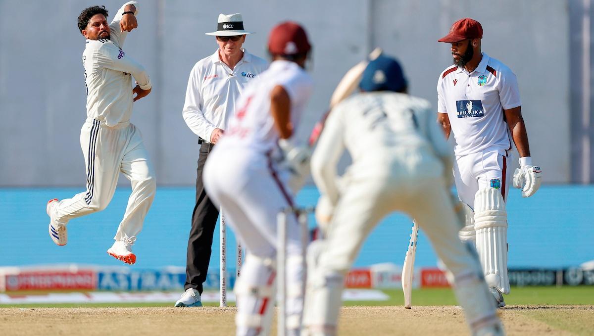 Kuldeep Yadav of India bowls during the Day 3