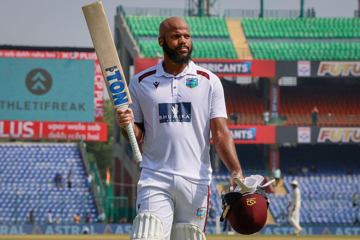 West Indies opener John Campbell walks off after being dismissed for 115 on Day 4 of the 2nd Test against India in New Delhi on Monday