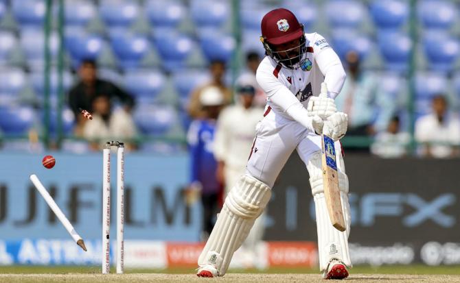 Jomel Warrican is bowled by Jasprit Bumrah Jomel Warrican is bowled by Jasprit Bumrah