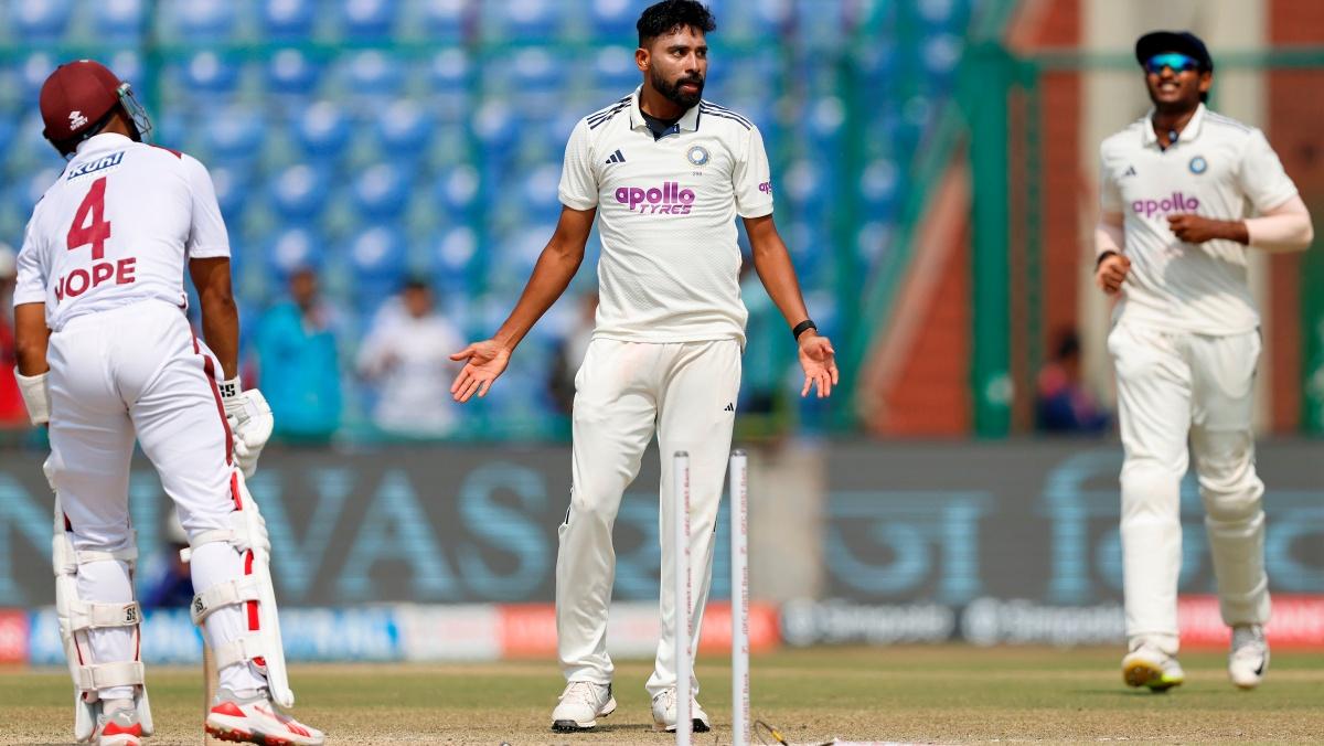 Mohammed Siraj of India celebrates the wicket of Shai Hope
