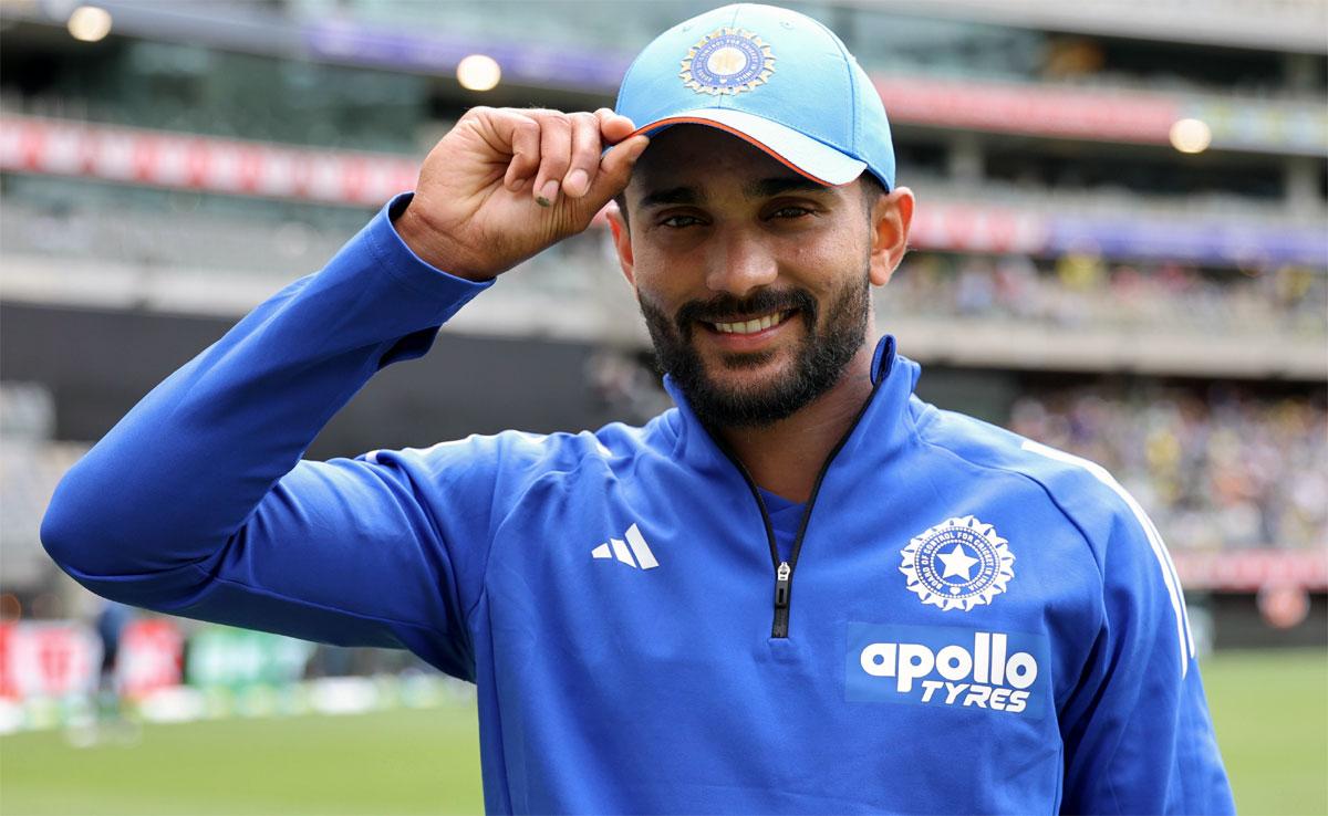Nitish Kumar Reddy flaunts his ODI cap on making his debut against Australia in Perth on Sunday
