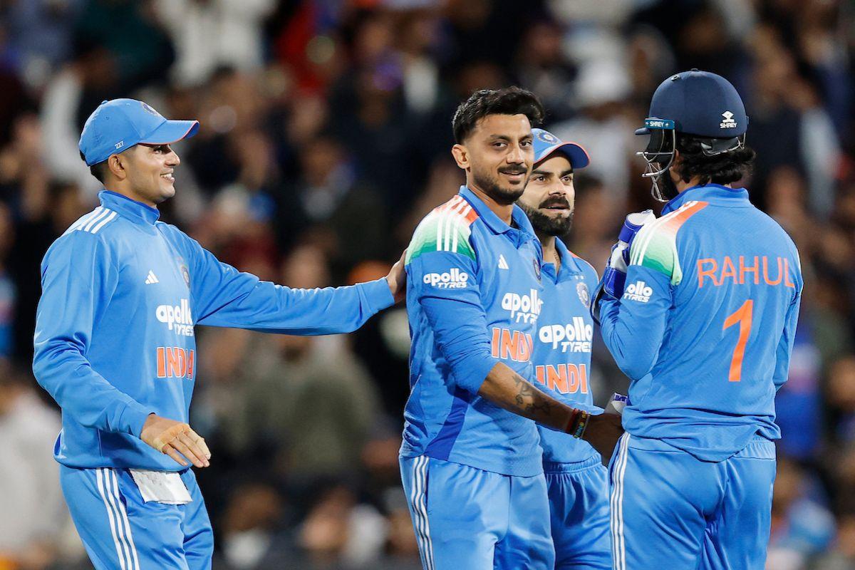Shubman Gill and Axar Patel celebrate the wicket of Matt Renshaw