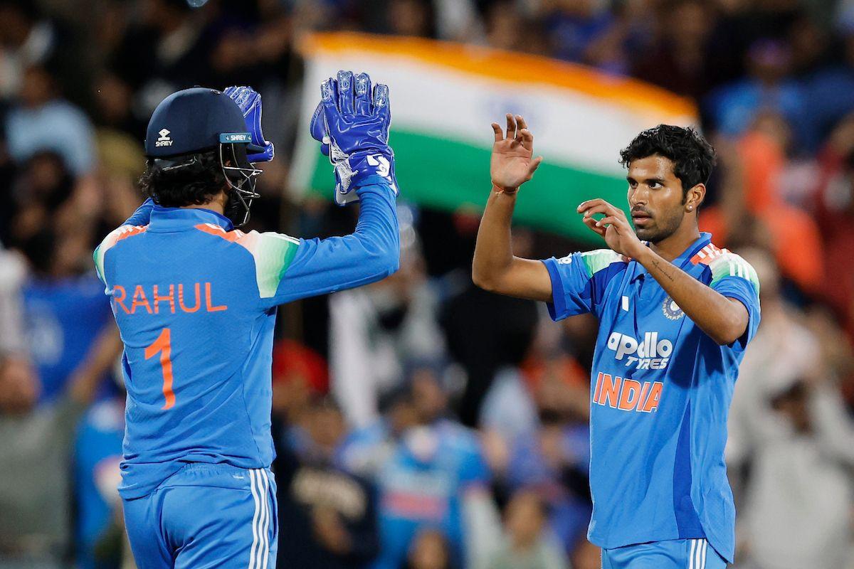 Washington Sundar celebrates the wicket of Mitchell Owen