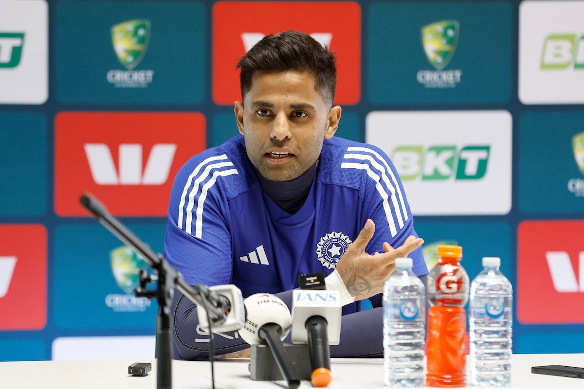 India captain Suryakumar Yadav speaks at a press conference in Canberra on Tuesday, on the eve of the opening T20I against Australia