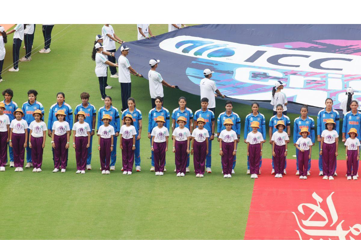 The Indian cricket team during the national anthem before their Women's World Cup semi-final against Australia in Navi Mumbai on Thursday