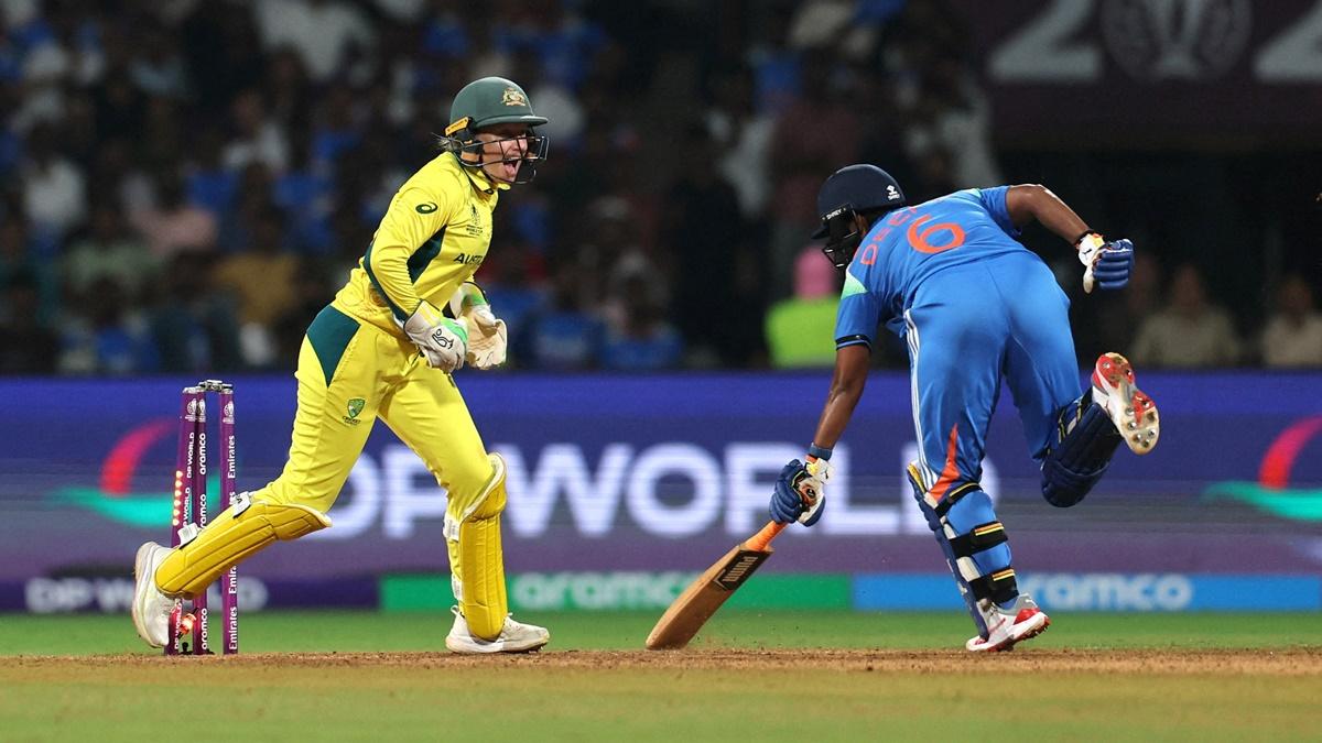 Deepti Sharma is run-out by Alyssa Healy and Kim Garth.