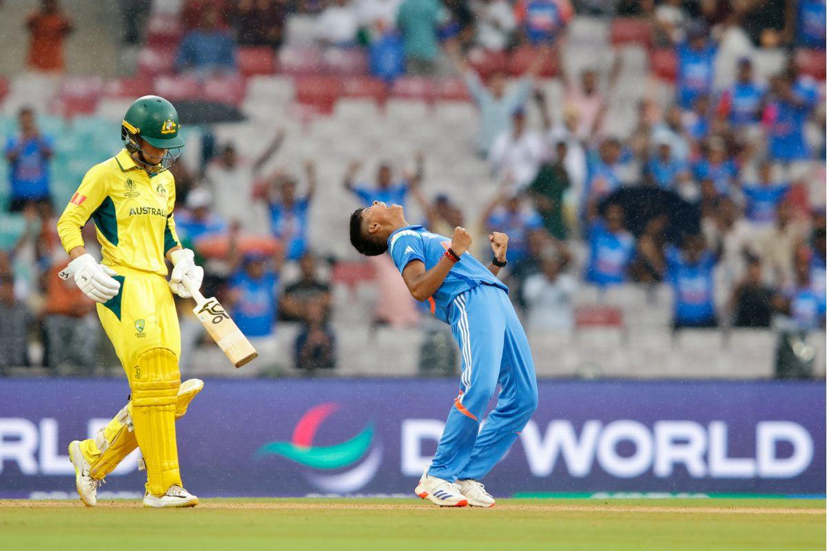 Kranti Gaud celebrates the wicket of Alyssa Healy