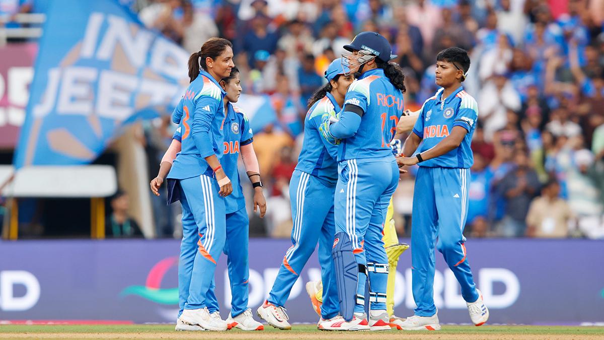 Amanjot Kaur celebrates with teammates on dismissing Phoebe Litchfield