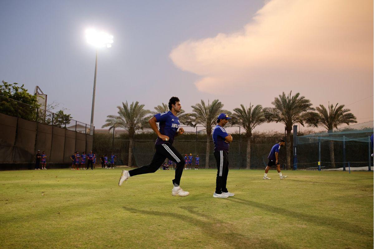 Shivam Dube bowls in the nets