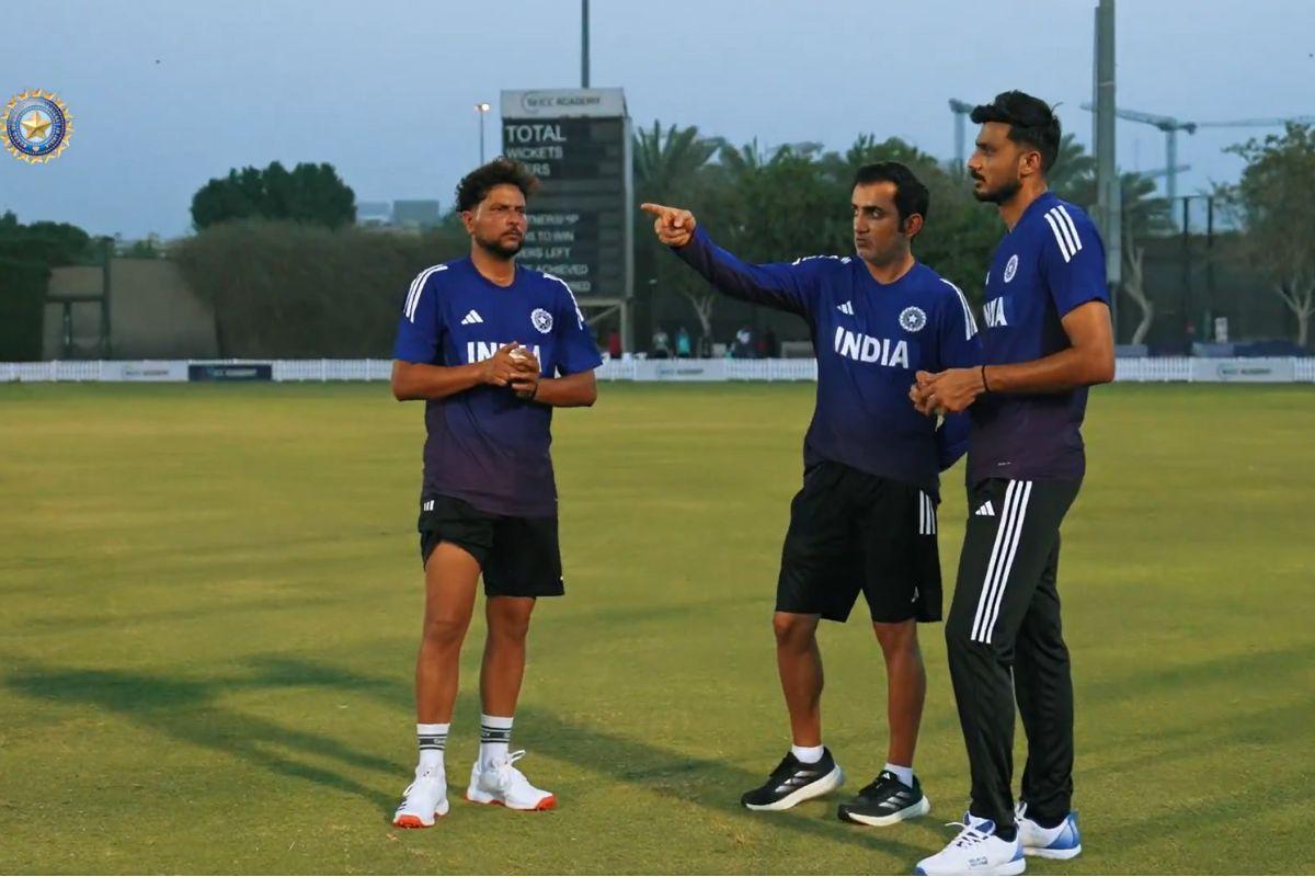 Head Coach Gautam Gambhir chats with Axar Patel and Kuldeep Yadav