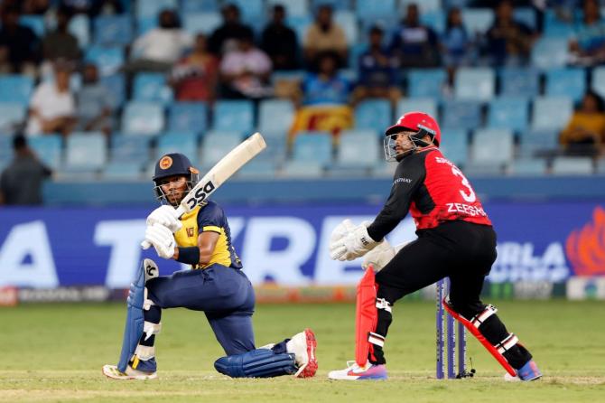 Sri Lankan opener Pathum Nissanka bats en route his half-century against Hong Kong during their Asia Cup Group B match in Dubai on Monday
