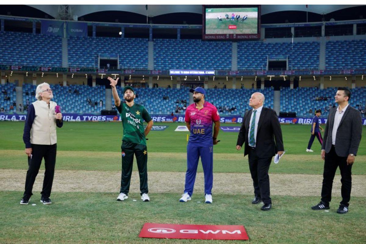 Pakistan captain Salman Agha and UAE captain Muhammad Waseem at the toss with match referee Andy Pycroft before the toss that was deferrred due to Pakistan's threat of a pull-out from the tournament
