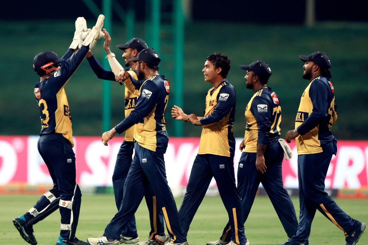 Sri Lanka's Dunith Wellalage (third from right) and teammates celebrate the wicket of Afghanistan's Ibrahim Zadran during their Asia Cup 2025 match, at Sheikh Zayed Stadium in Abu Dhabi on Thursday
