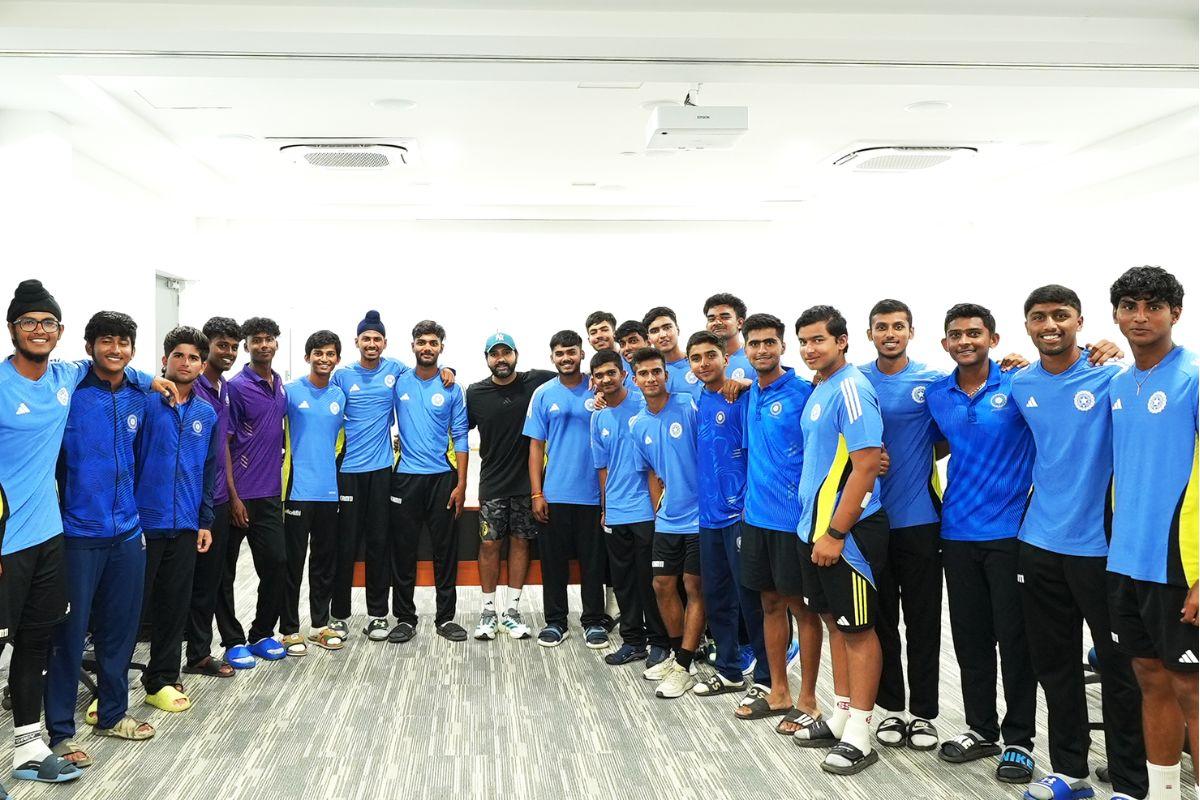 Rohit Sharma with the India Under-19 squad at the BCCI Centre of Excellence on Saturday