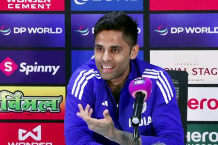 India's T20I captain Suryakumar Yadav addresses a press conference on India vs Pakistan match, in Dubai on Saturday