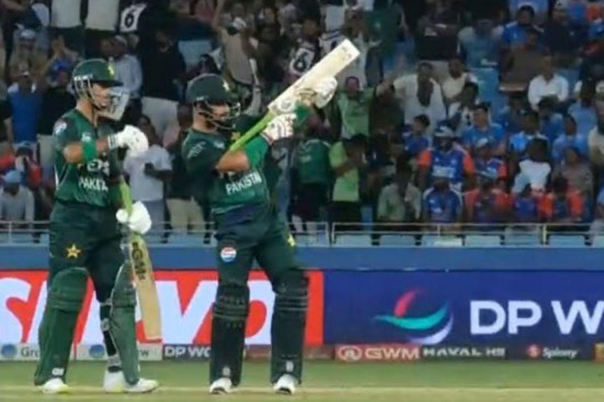 Pakistan's Sahibzada Farhan celebrates his half-century against India during the Super 4 clash in Dubai on Sunday. 