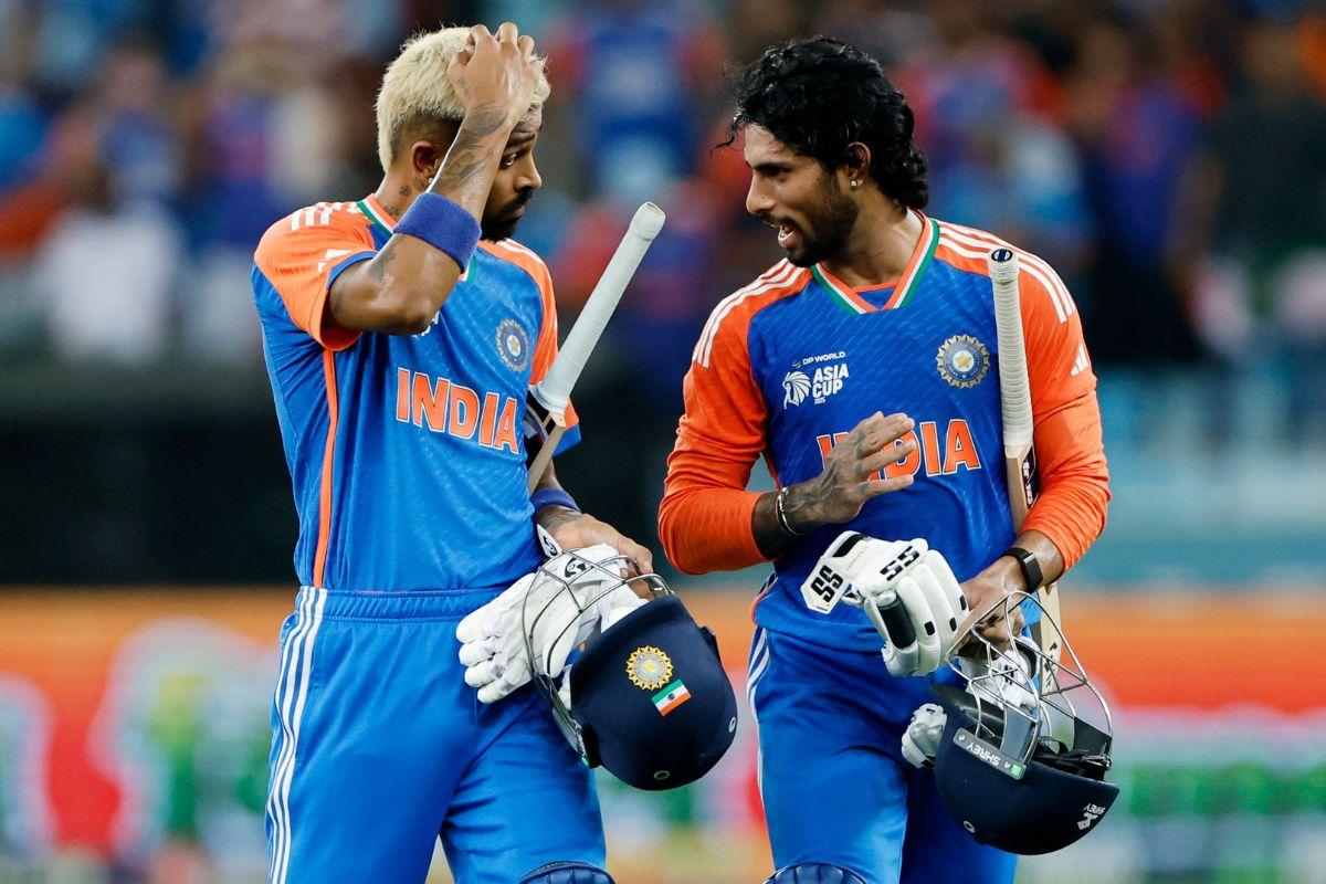 India's Hardik Pandya and Tilak Varma walk back to the pavilion after winning the match against Pakistan in the Super Fours of Asia Cup 2025, at Dubai International Cricket Stadium in Dubai on Sunday.