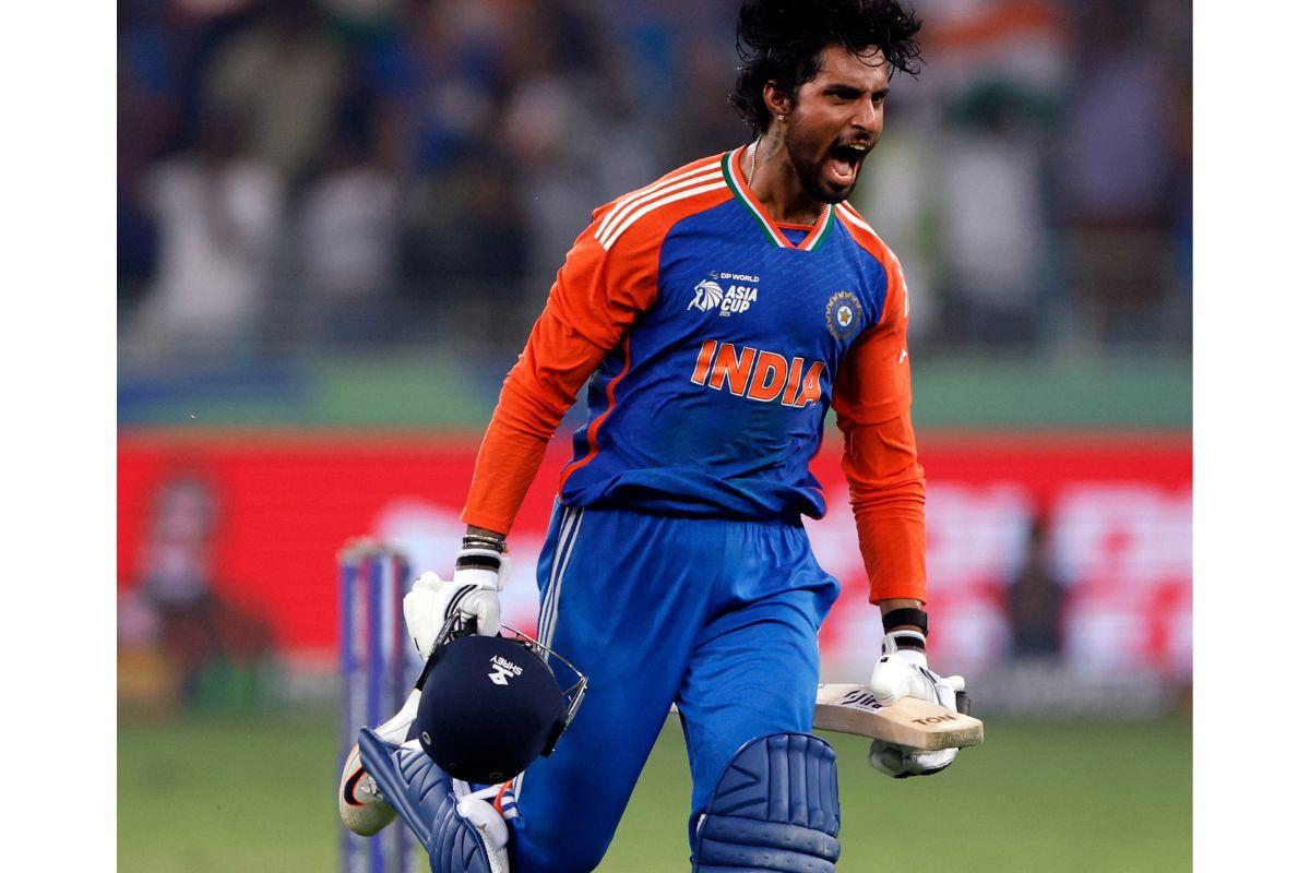 Tilak Varma celebrates India's Asia Cup win over Pakistan in Dubai on Sunday