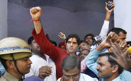 BJP candidate Varun Gandhi leaves a local court in Pilibhit on March 28