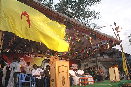 A Tamil Eelam flag flutters at a poll meet in Sivaganga
