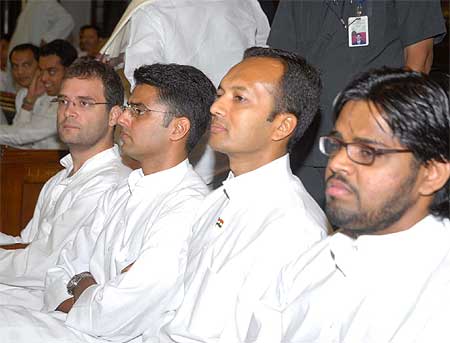 Rahul Gandhi with Sachin Pilot and Naveen Jindal at the CPP meeting at Parliament House