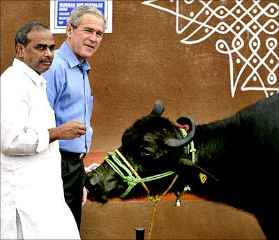 US President George W Bush poses with Rajaskhara Reddy