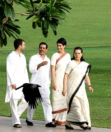 Congress president Sonia Gandhi with her children Rahul and Priyanka, and son-in-law Robert Vadra