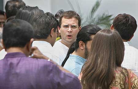 Congress General Secretary Rahul Gandhi at a tea party in his party's war-room to celebrate victory