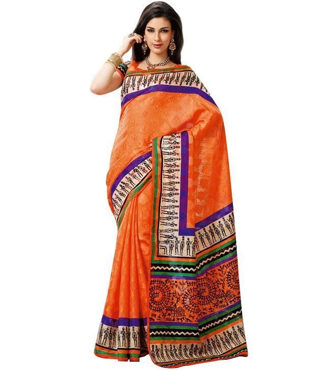 Prafful Orange Bhagalpuri Silk Printed Saree @ Rs.799