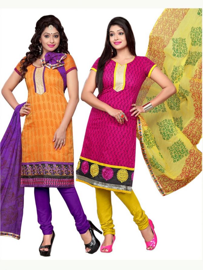 Surat Tex Orange & Pink Color Embroidered Chanderi Combo Dress Material