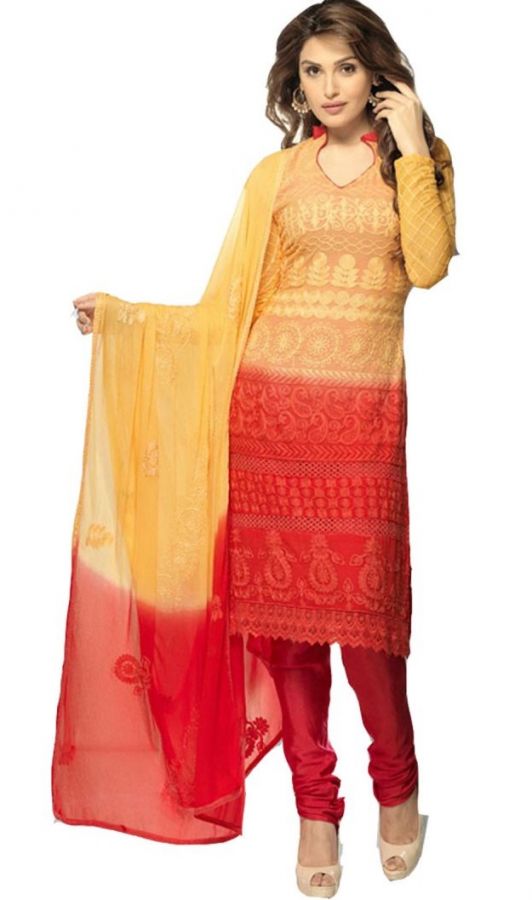 Vandv Online Pure Chiffon In Styles Light Orange And Red Dress Material