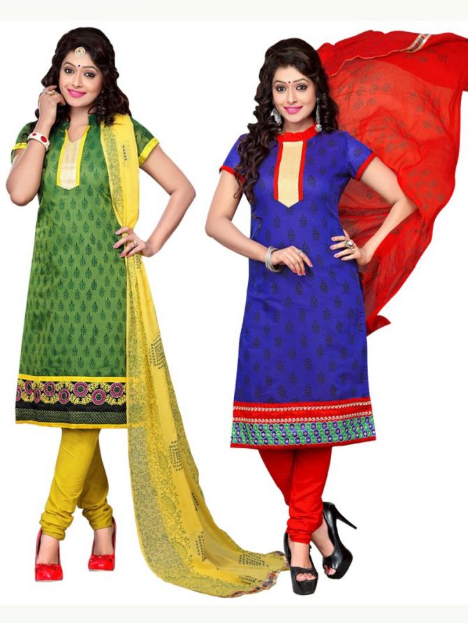 Surat Tex Green & Blue Color Embroidered Chanderi Combo Dress Material