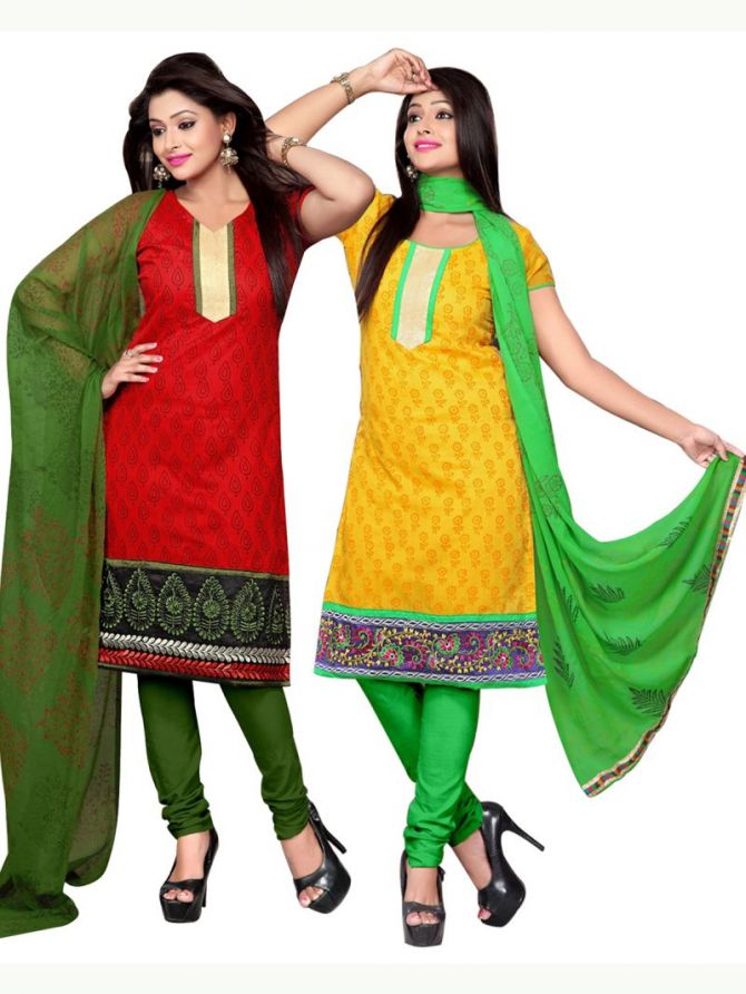 Surat Tex Red & Yellow Color Embroidered Chanderi Combo Dress Material