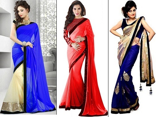 Blue Blush Handpainted Draped Chiffon Saree with Blouse Online