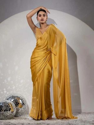 swtantra yellow saree with unstitched blouse