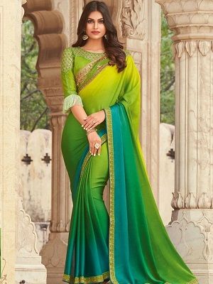 satrani green plain saree with unstitched blouse