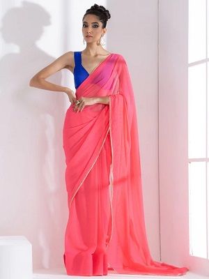 swtantra pink chiffon ombre pattern saree with blouse