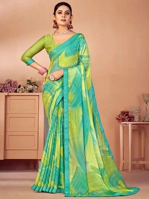 satrani parrot green printed saree with unstitched blouse
