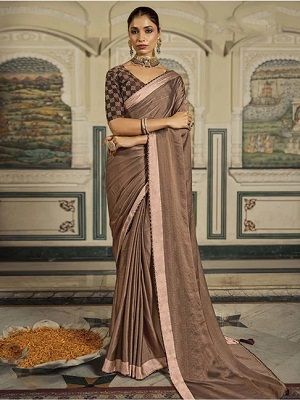 satrani brown plain saree with unstitched blouse