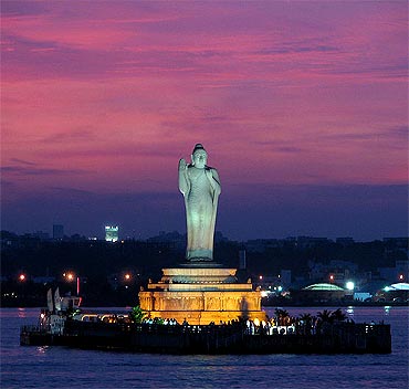 The Buddha statue at the Hussain Sagar Lake.