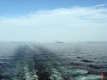 View of the white cliffs of Dover from the ferry as it steams away from the British Isles.