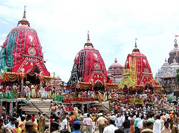 Chariots of Lord Jagannath, Lord Balabhadra and Devi Subhadra ready for Rath Yatra in Puri.