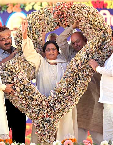 Uttar Pradesh Chief Minister Mayawati with a garland of currency notes