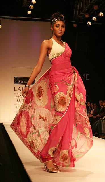 A model shows off a sari from Satya Paul's collection